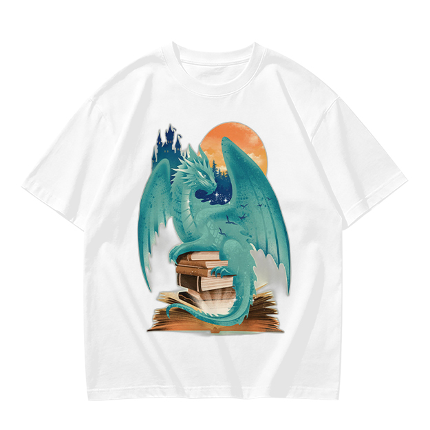 Teal Dragon Perched on Stacked Books Fantasy Graphic T-Shirt