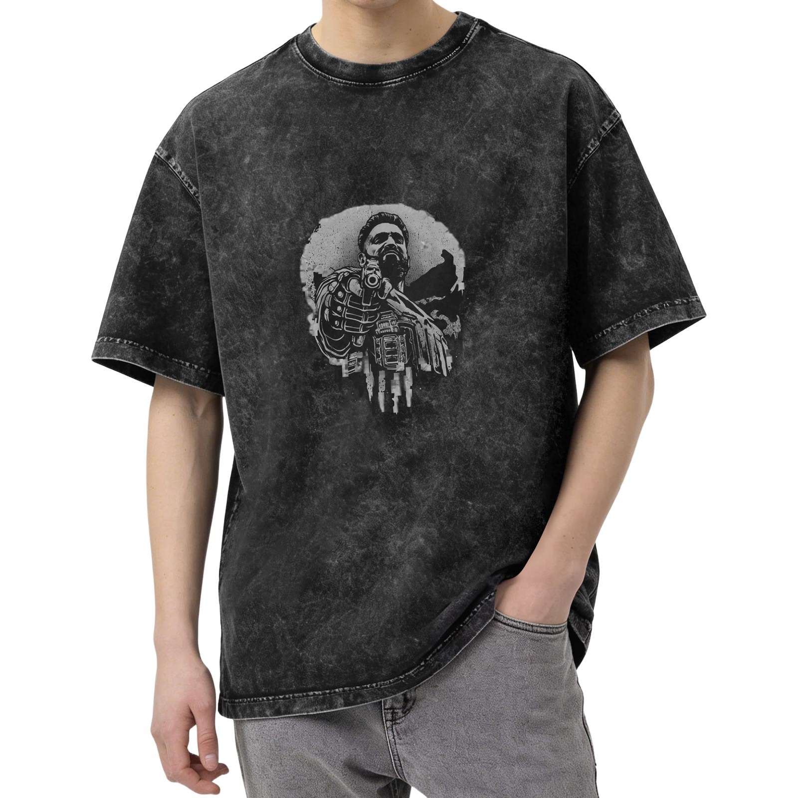 Washed Black Graphic T-Shirt With Bearded Warrior Skull Print