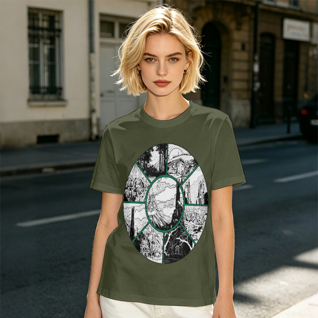 Olive Green T-Shirt With Circular Fantasy Landscape Art Print