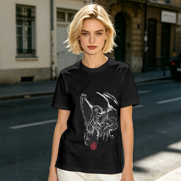 Olive T-Shirt With Dark Abstract Tentacle Creature Print