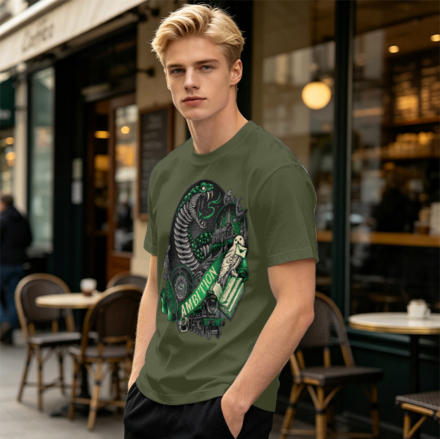 Olive Green T-Shirt With Slytherin Ambition Snake Owl Graphic