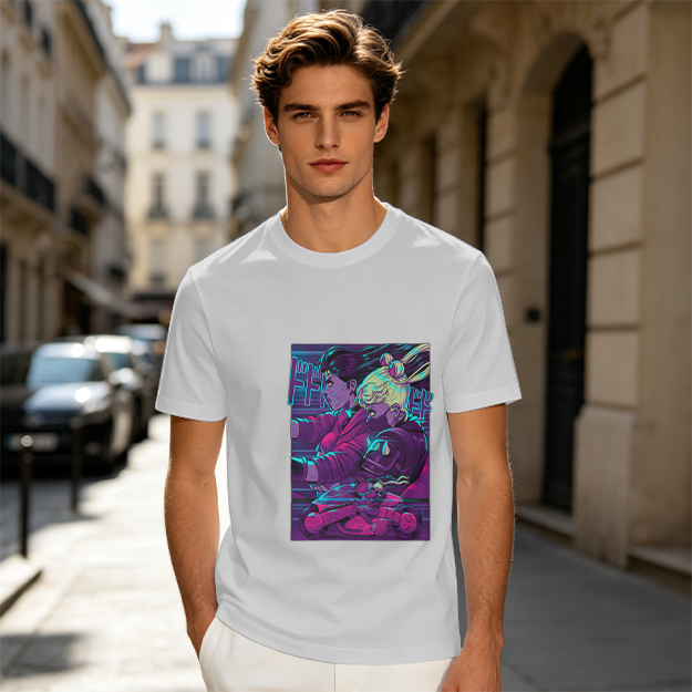 Olive T-shirt with Neon Cyberpunk Anime Character Print