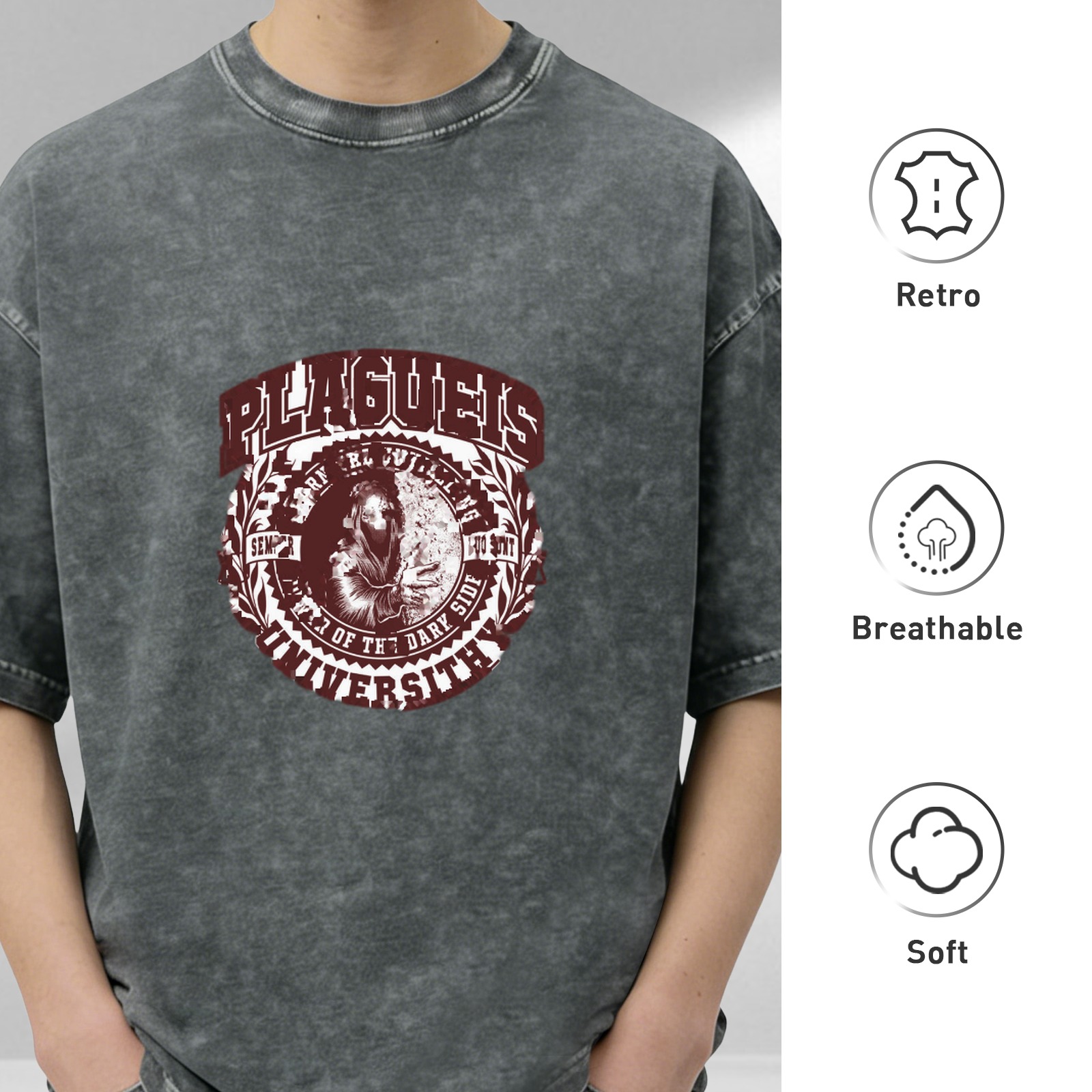Washed black graphic t-shirt with plague doctor university emblem design