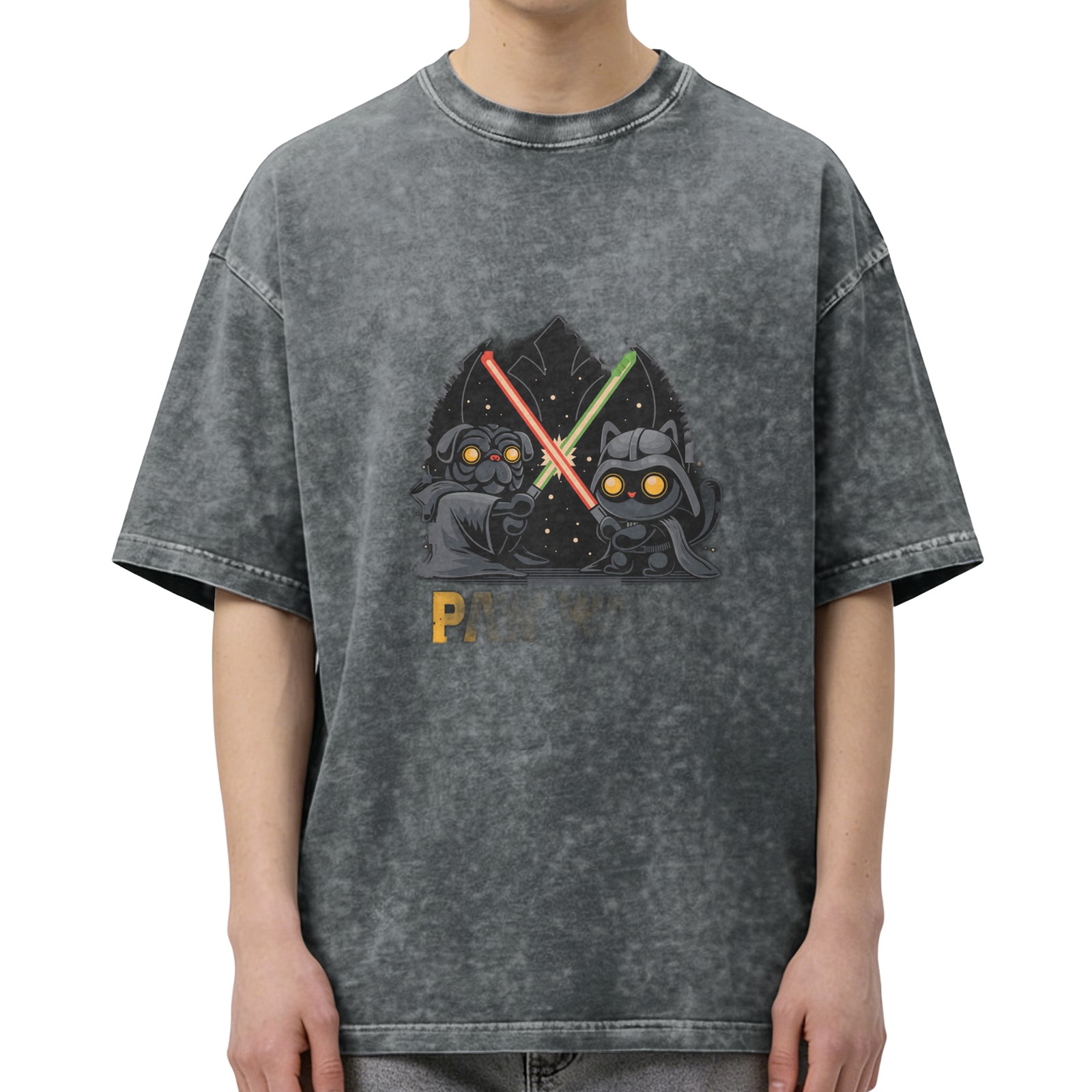 Washed black graphic t-shirt with paw wars cat and dog lightsaber design