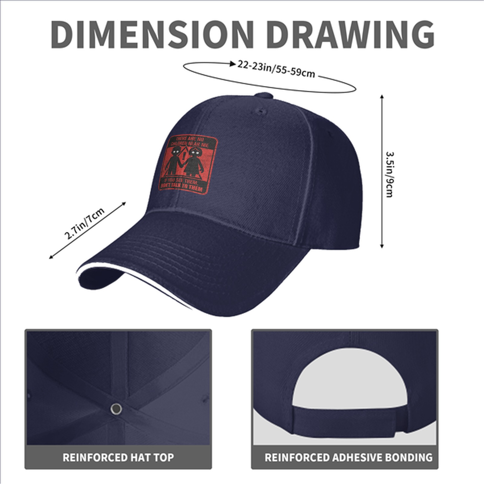 Black baseball cap with warning children graphic and text