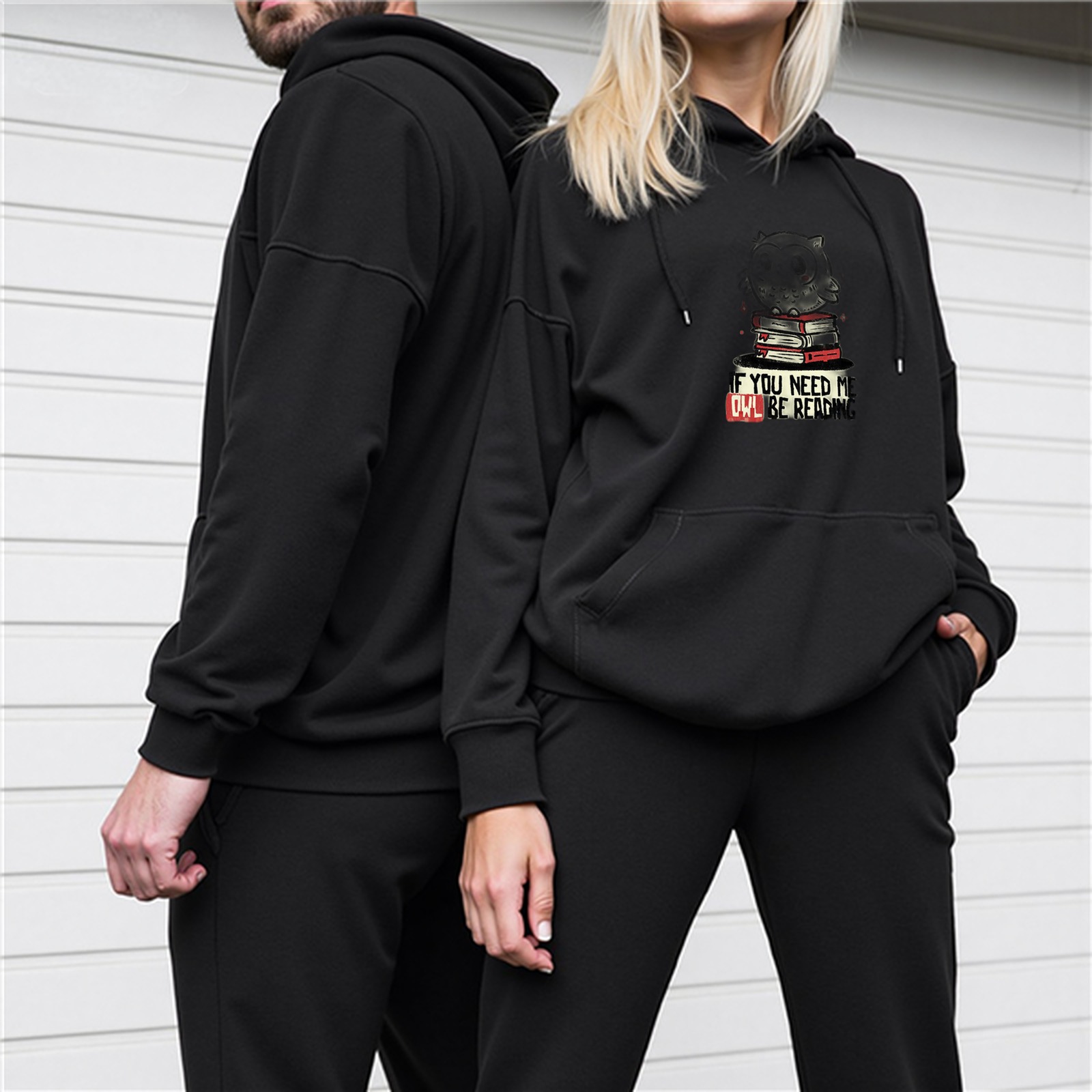 Black hoodie with owl reading books graphic and text