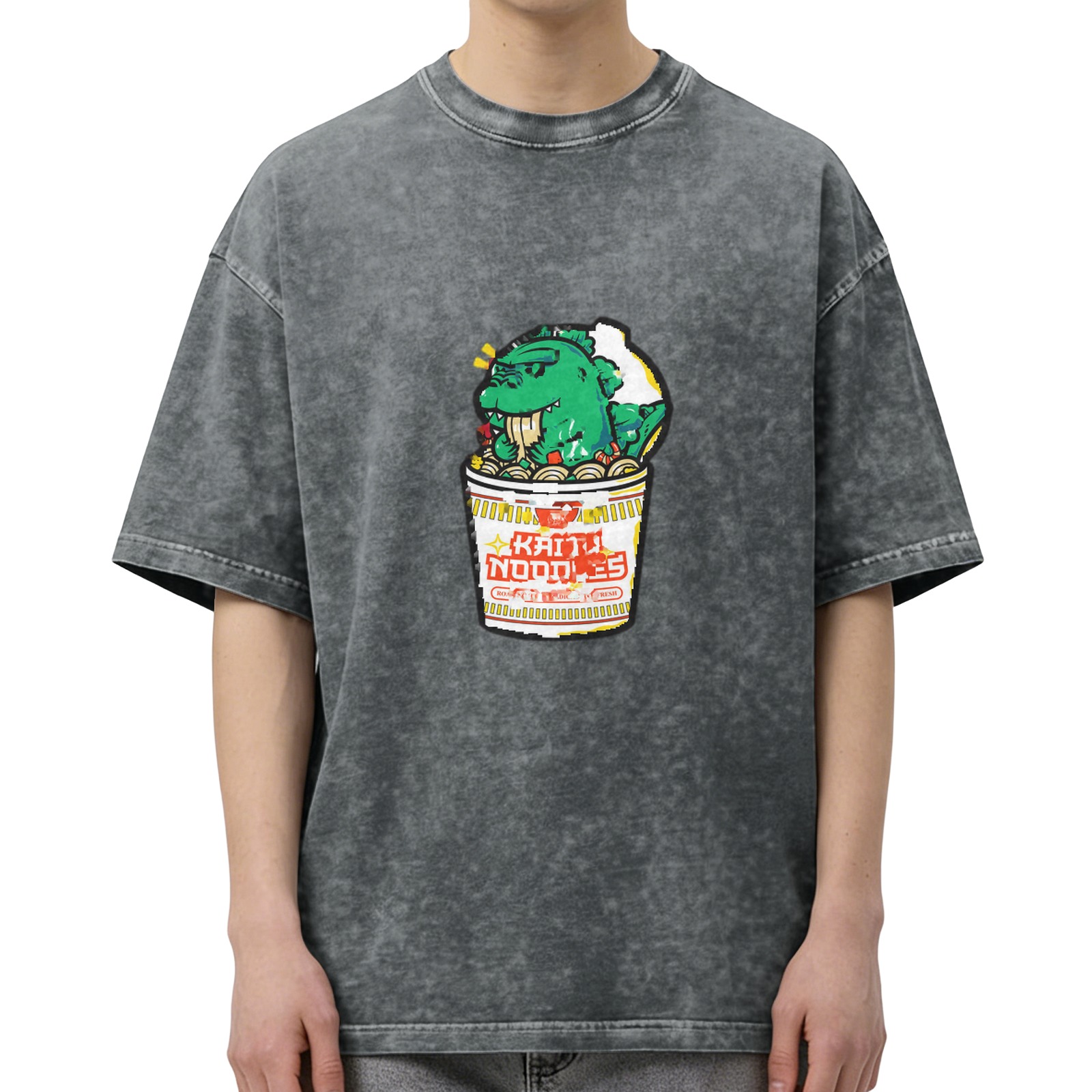 Washed Black T-Shirt with Kaiju Noodles Cup Monster Graphic