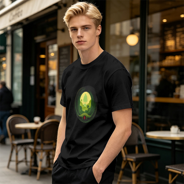 Olive Green T-Shirt with Hobbit Hole Landscape Art Print
