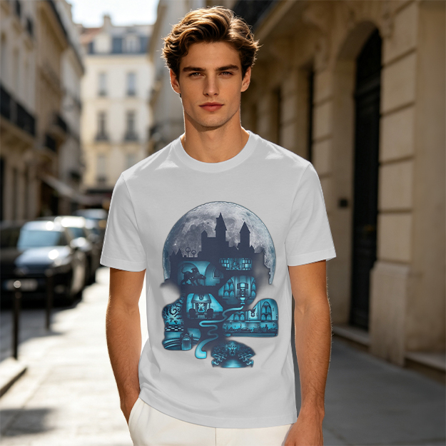 Olive T-Shirt With Glowing Castle Moon Night Graphic Print