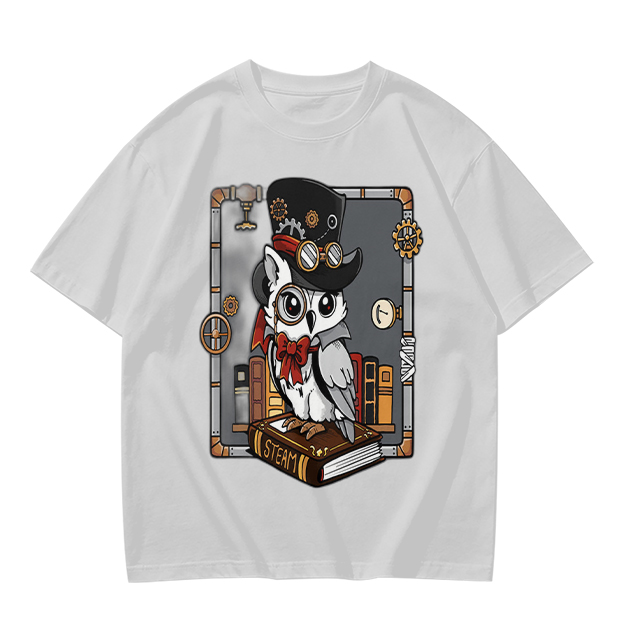 Owl in Steampunk Attire on Book Graphic Tee