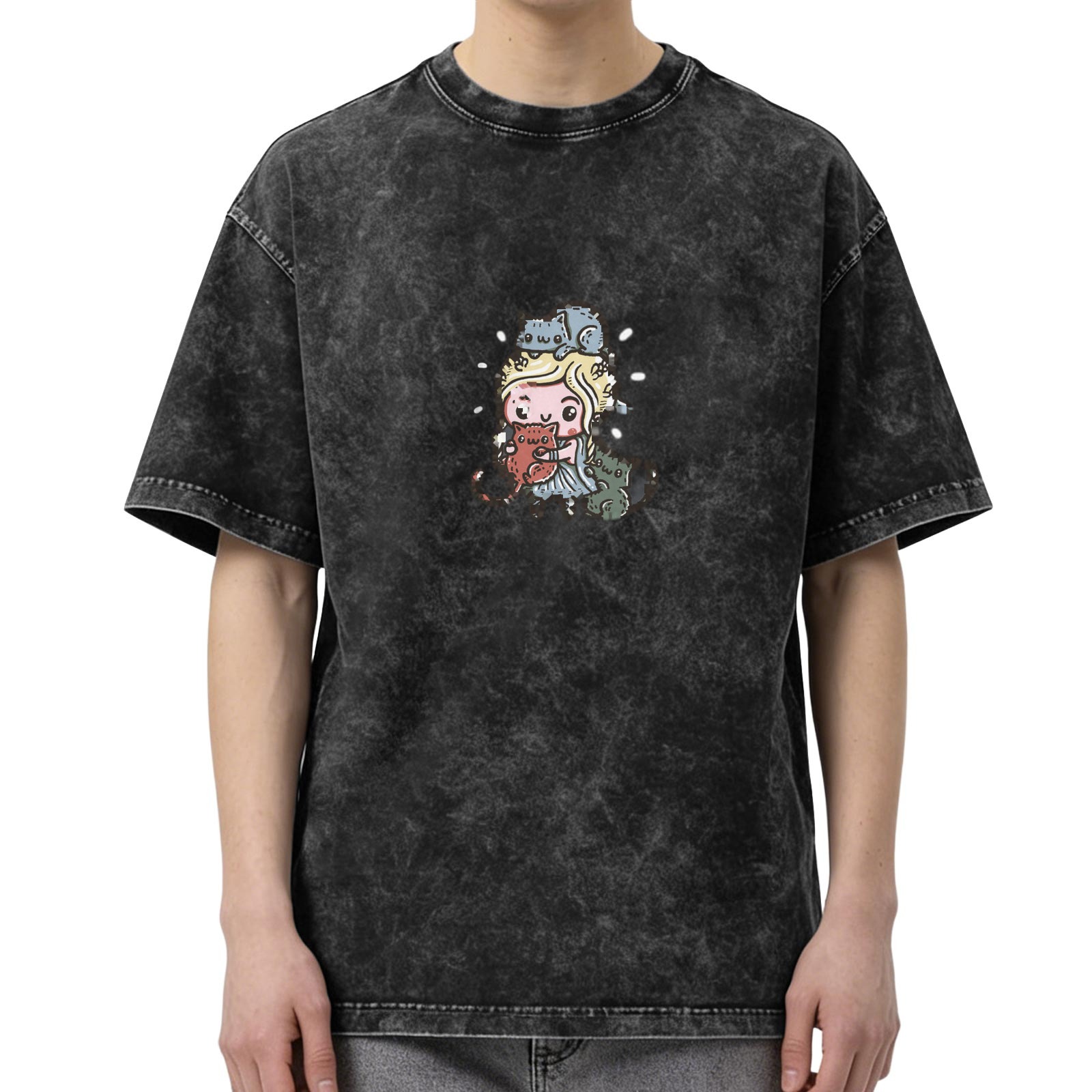 Oversized Dark Wash T-Shirt With Cute Cartoon Girl And Cats Print