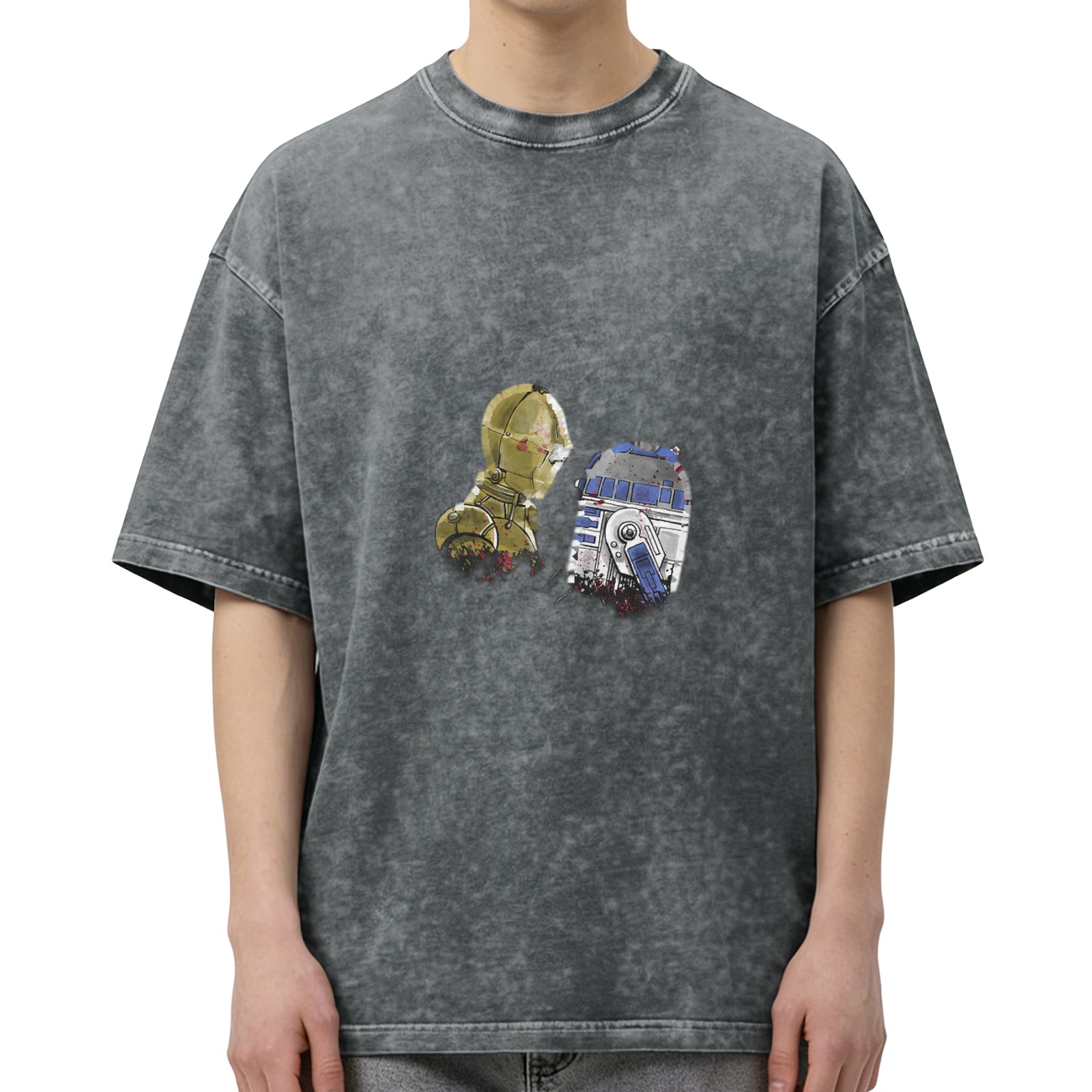 Distressed black short-sleeved T-shirt Star Wars C-3PO and R2-D2 printed loose top