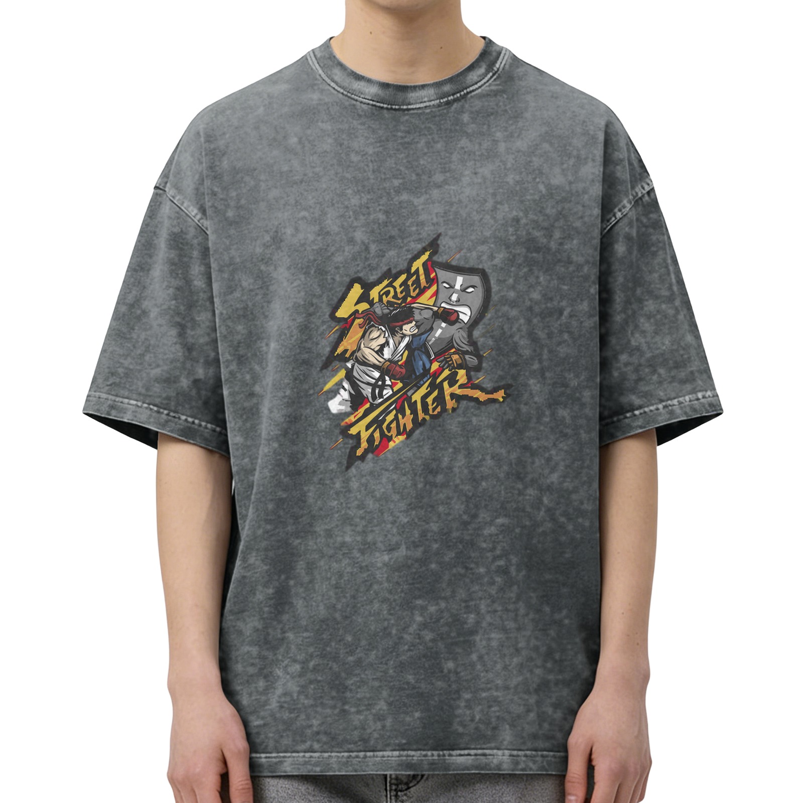 Oversized Stonewashed Black T-Shirt With Street Fighter Graphic Print