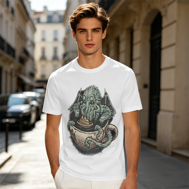 Cthulhu in a teacup with tiny ship graphic t-shirt