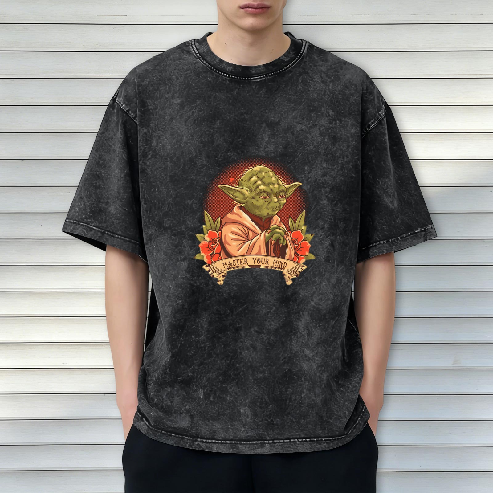 Washed cotton t-shirt with Yoda 'Master Your Mind' graphic print