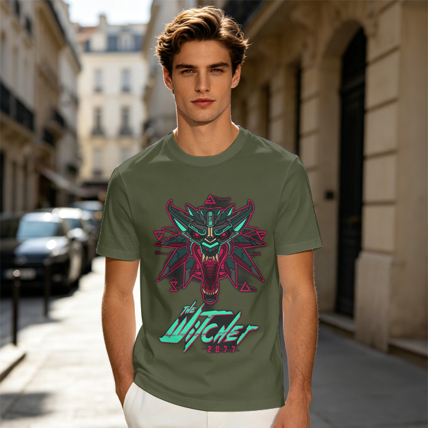 Olive green t-shirt with cyberpunk witcher wolf head graphic