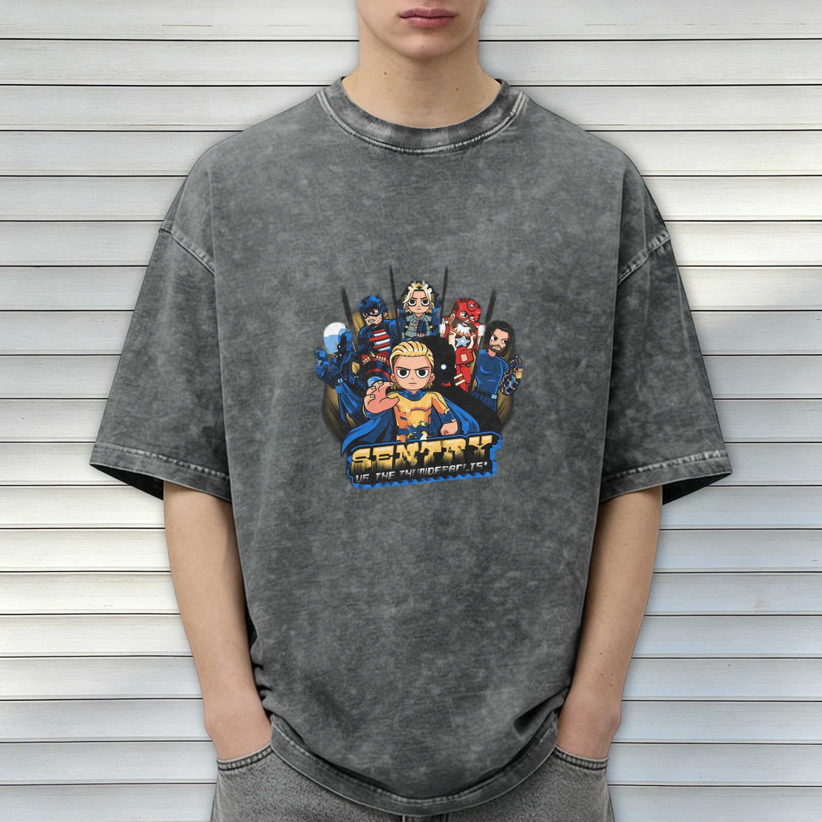 Sentry vs Thunderbolts Chibi Graphic Washed Black Oversized T-Shirt