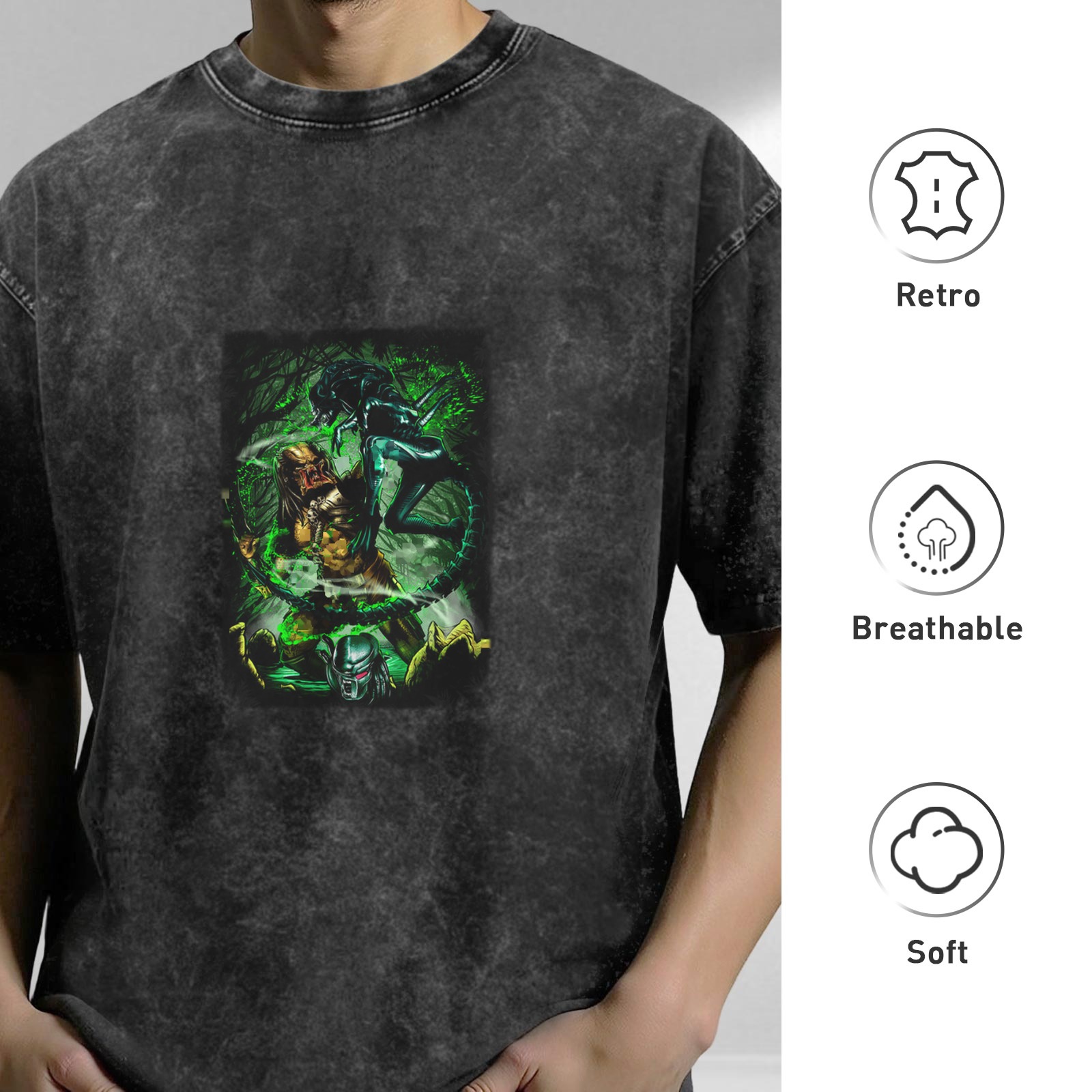 Washed Black Oversized T-Shirt With Alien Vs Predator Graphic