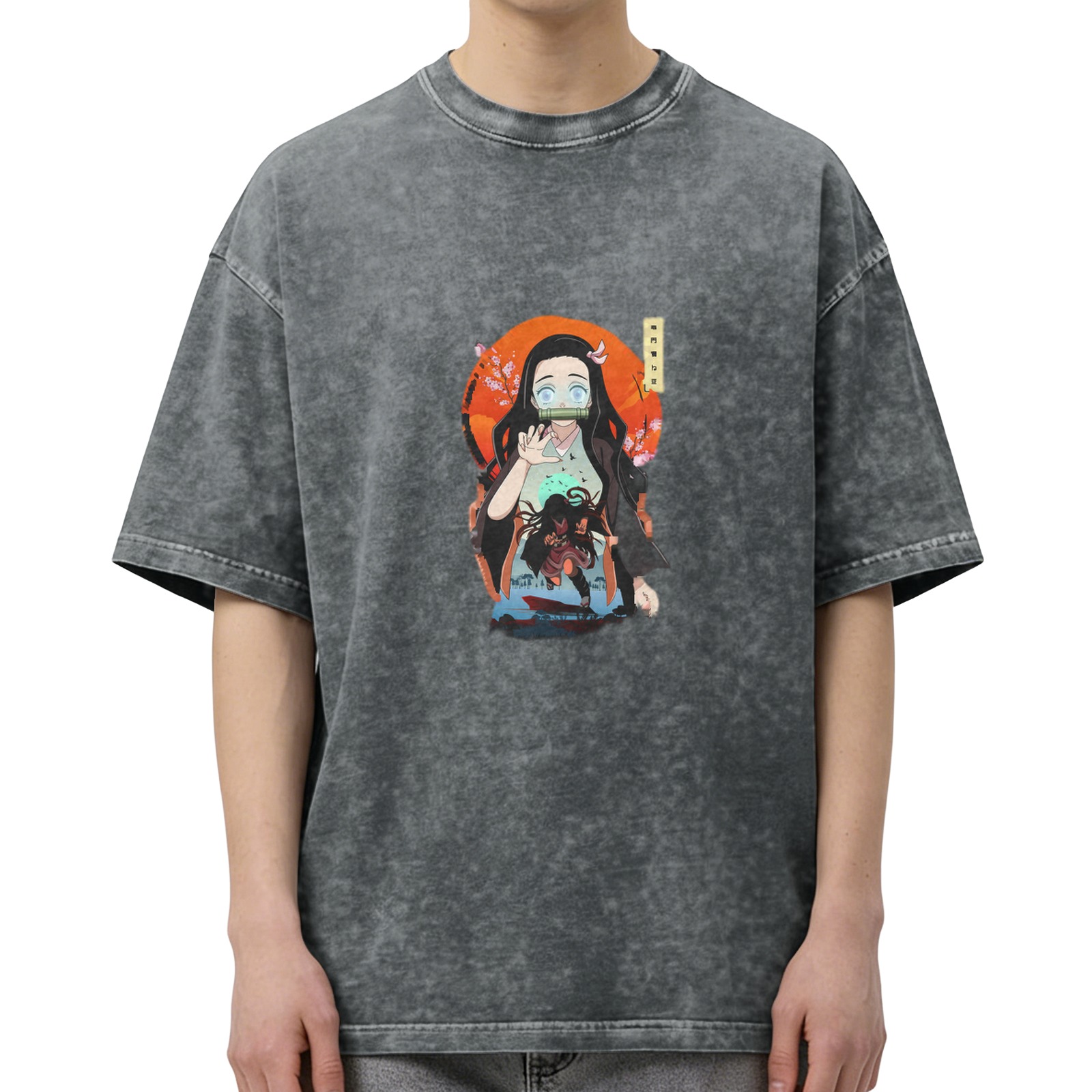 Demon Slayer: Kimetsu no Yaiba Nezuko themed old washed black loose short-sleeved T-shirt
