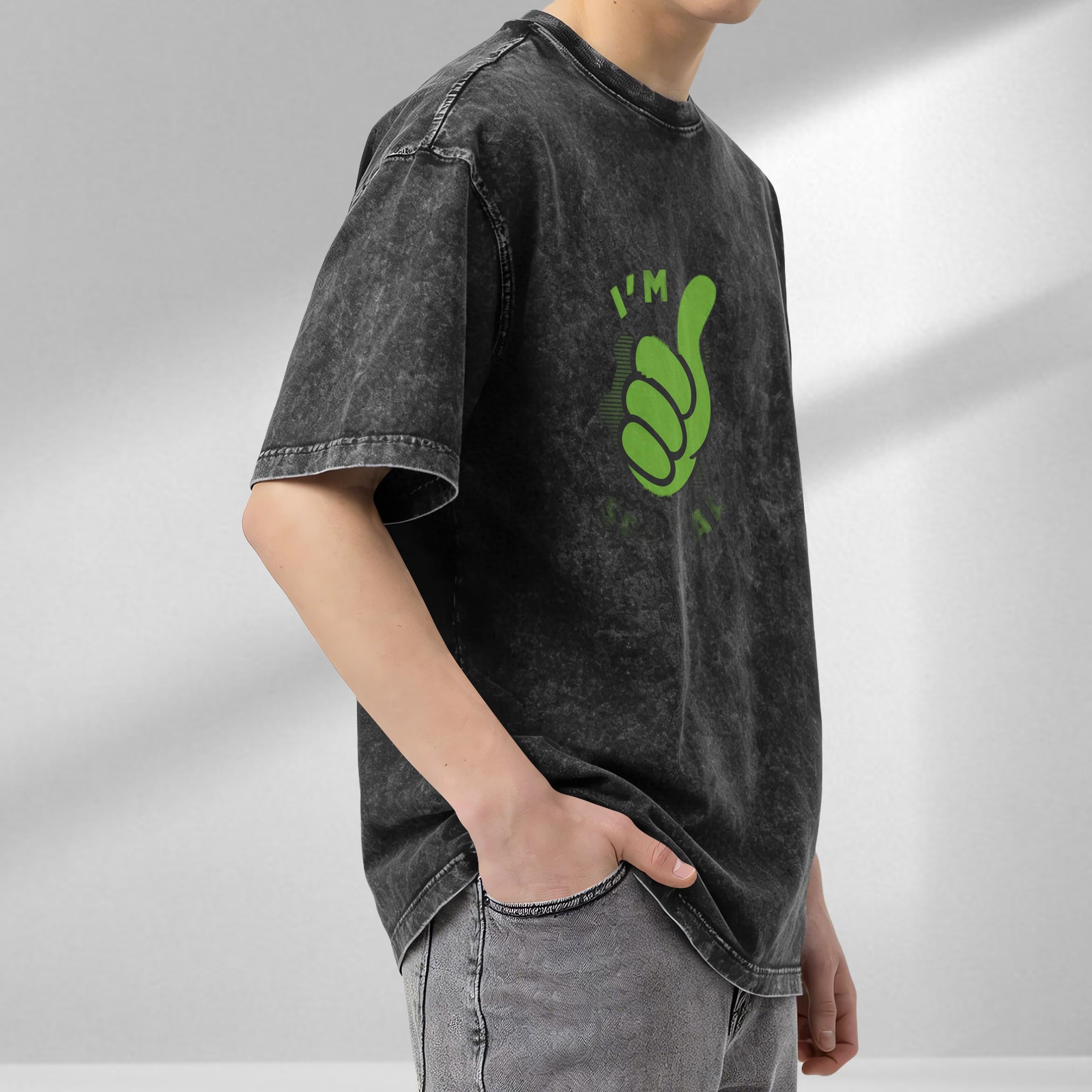Oversized acid wash t-shirt with green thumbs up graphic