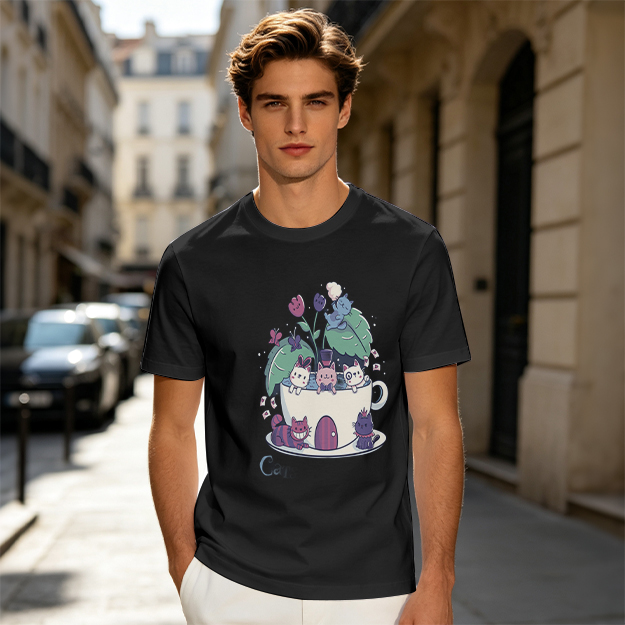 Olive T-Shirt With Whimsical Teacup Kitten Garden Print