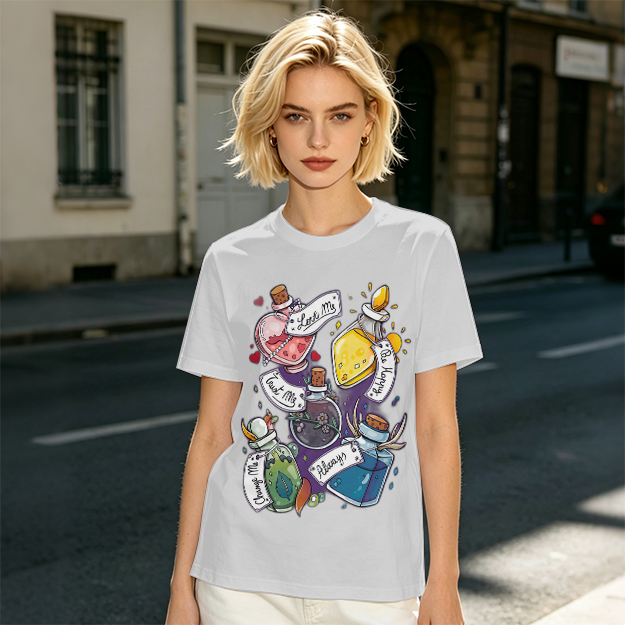 Olive T-Shirt With Magical Potion Bottles Graphic Design