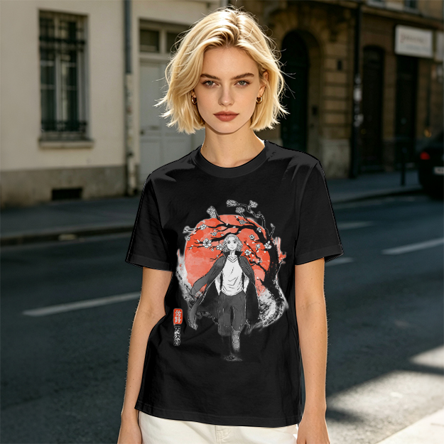 Anime Character with Cherry Blossom Red Moon Graphic T-Shirt
