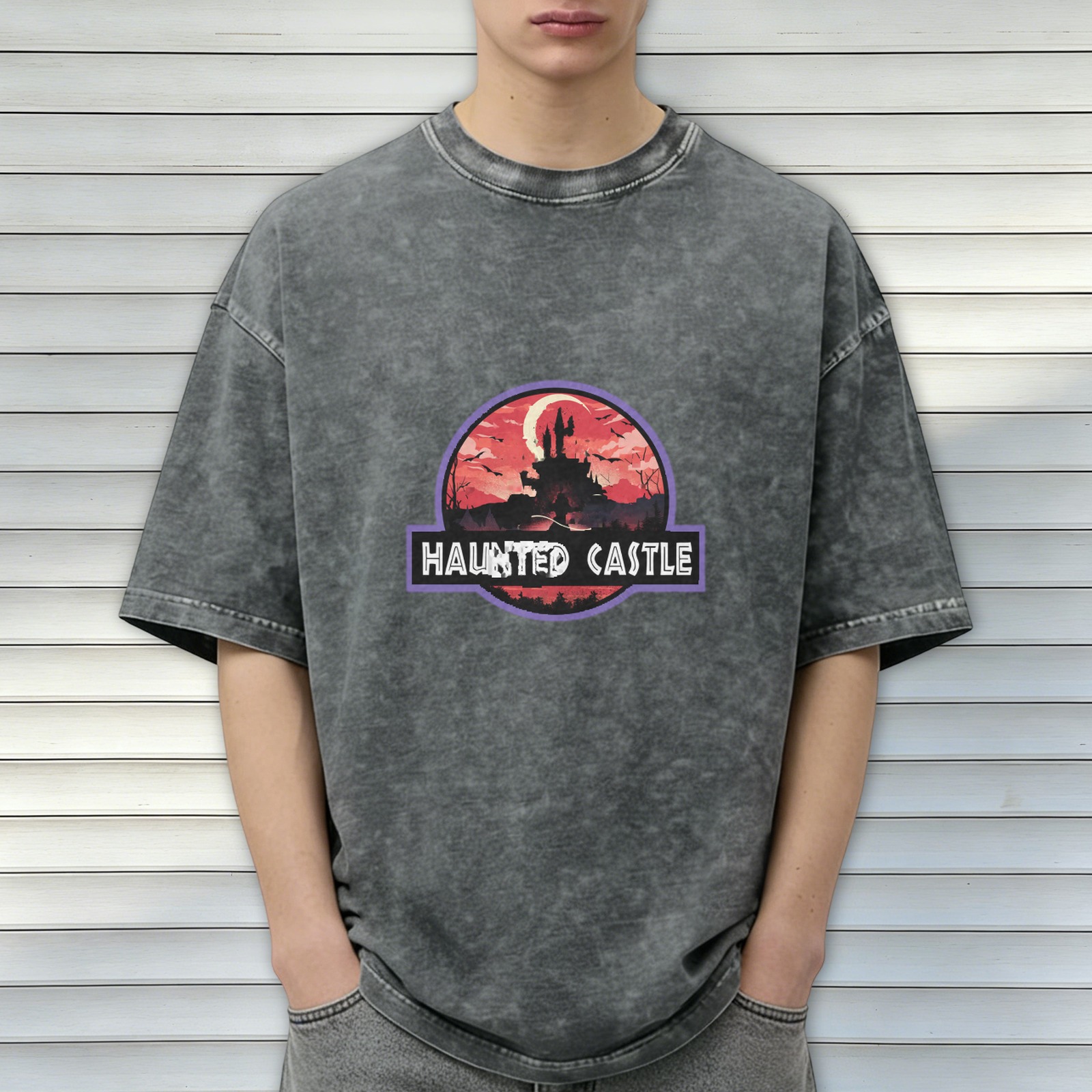 Washed Black T-Shirt with Haunted Castle Halloween Graphic