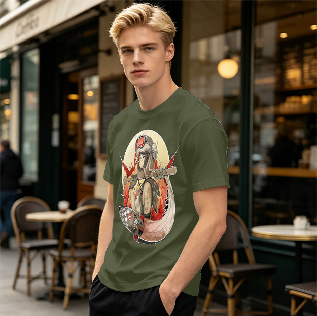 Olive T-Shirt with Retro Military Pilot Girl Graphic Print