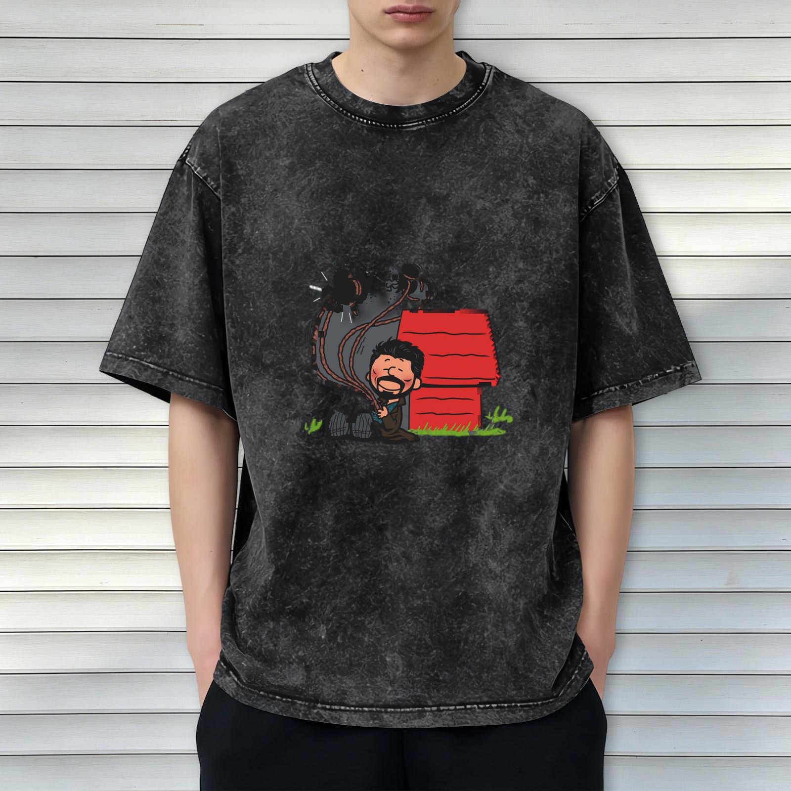 Washed Black T-Shirt With Parody Cartoon Doghouse Graphic