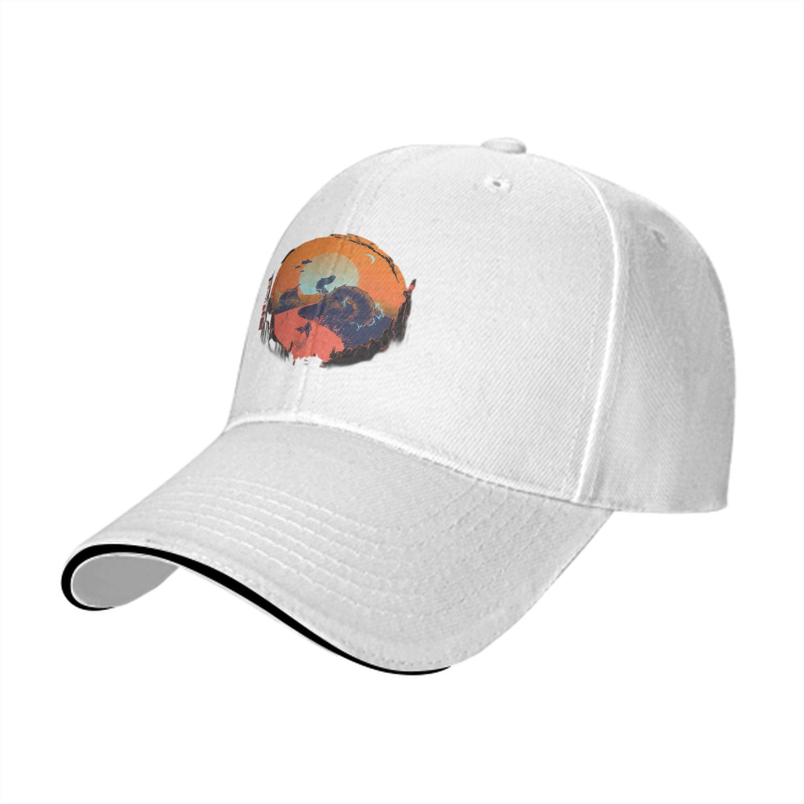 Black Baseball Cap with Sunset Landscape Graphic Print