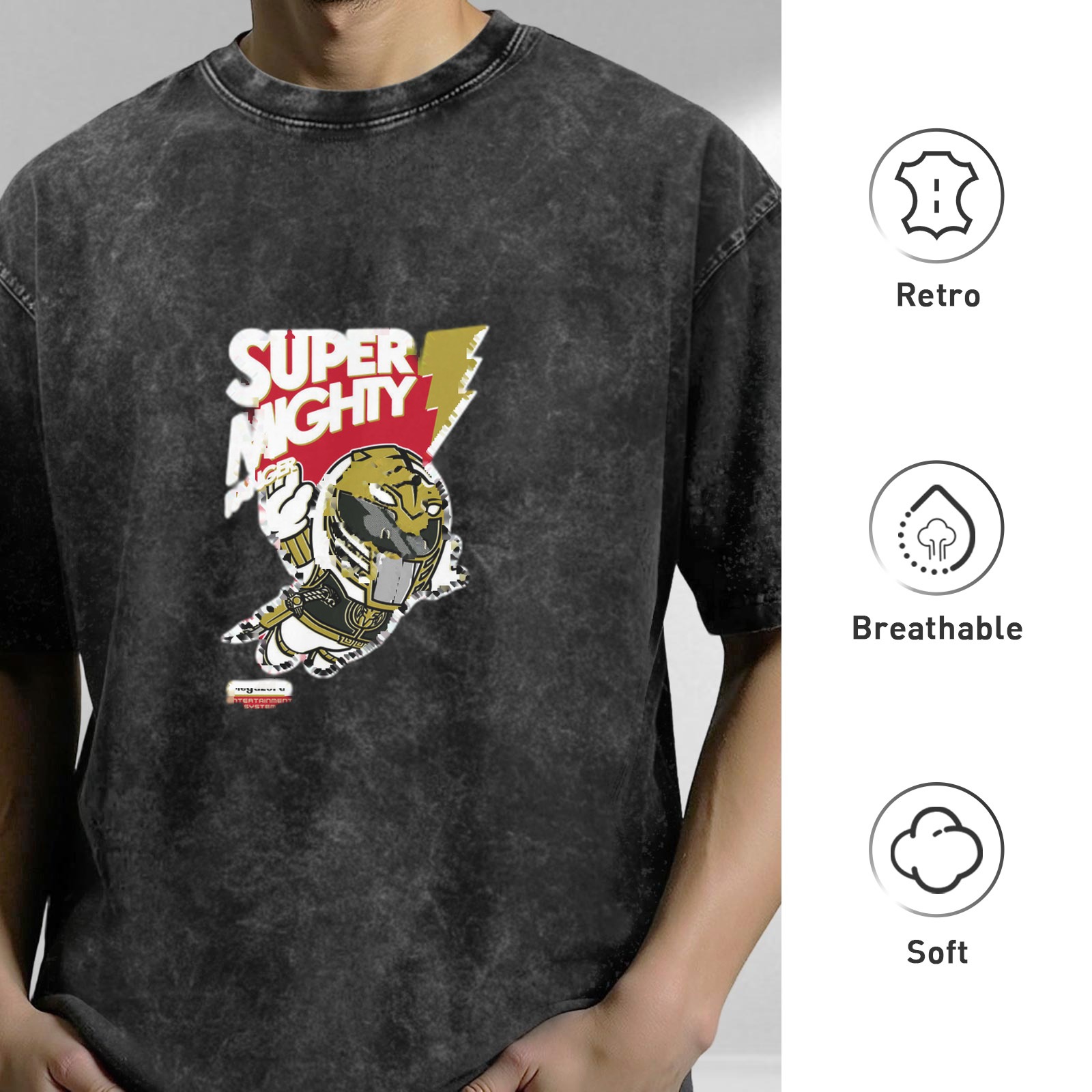 Washed Black Graphic T-Shirt with Super Mighty Hero Print