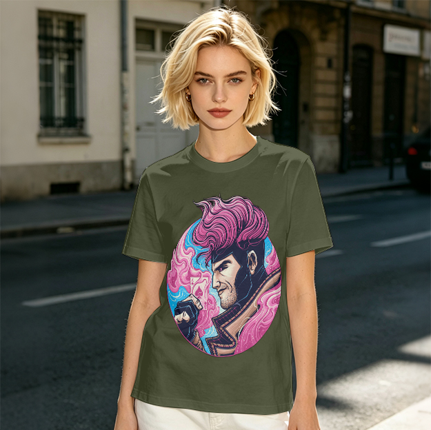 Olive T-Shirt With Pink Haired Superhero Character Art Print