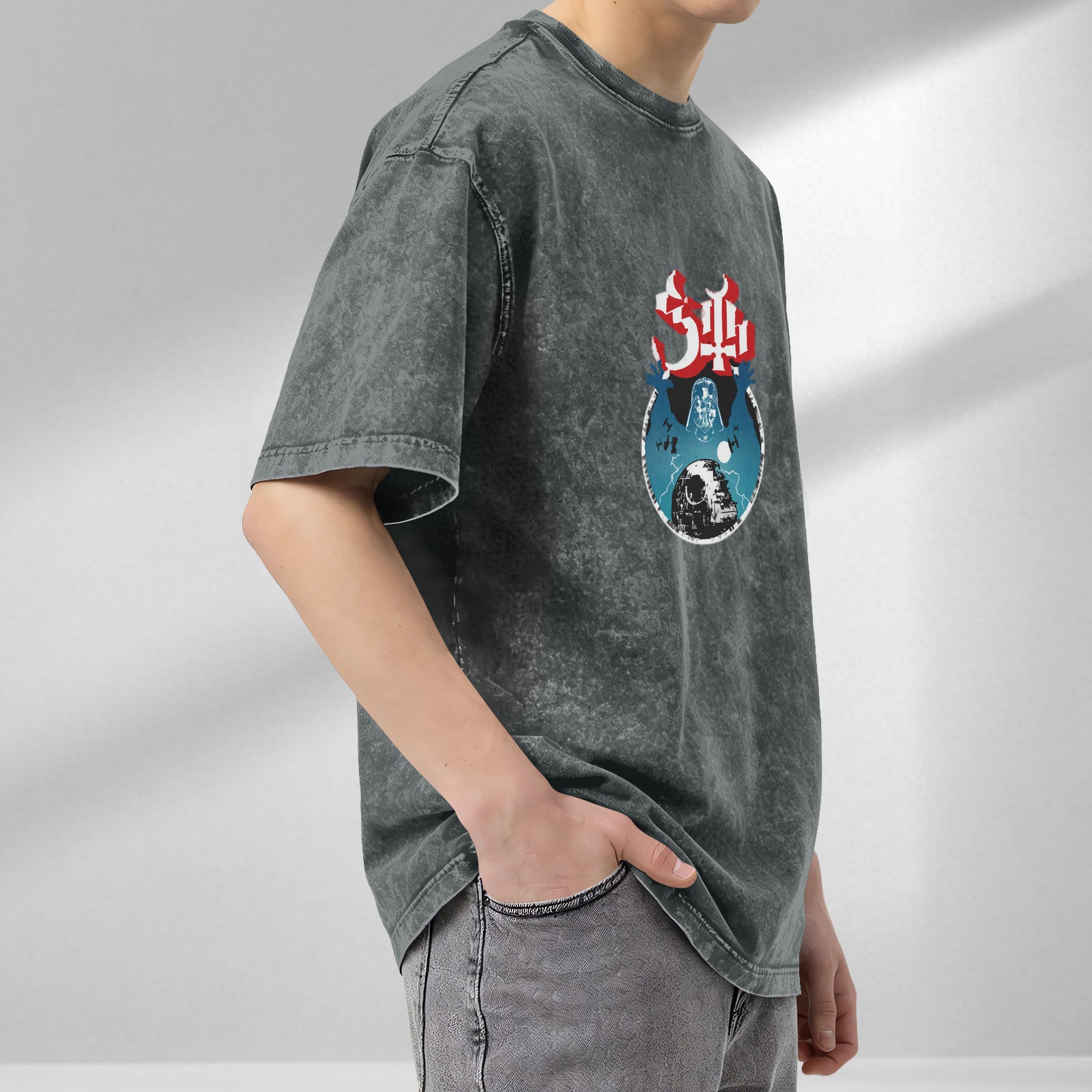 Oversized Acid Wash Graphic T-Shirt with Star Wars Darth Vader & Death Star Print