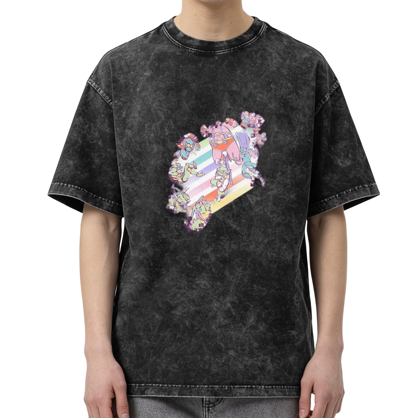 Oversized Acid Wash Graphic T-Shirt with Pastel Anime Characters