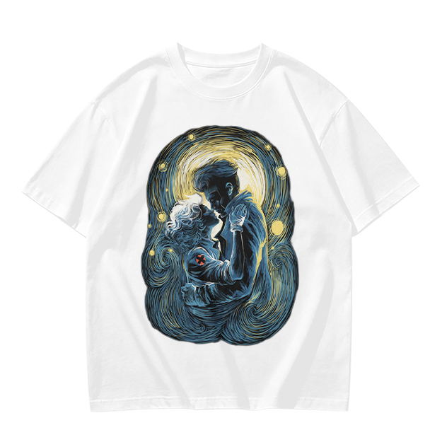 Olive T-Shirt With Starry Night Style Embracing Couple Art