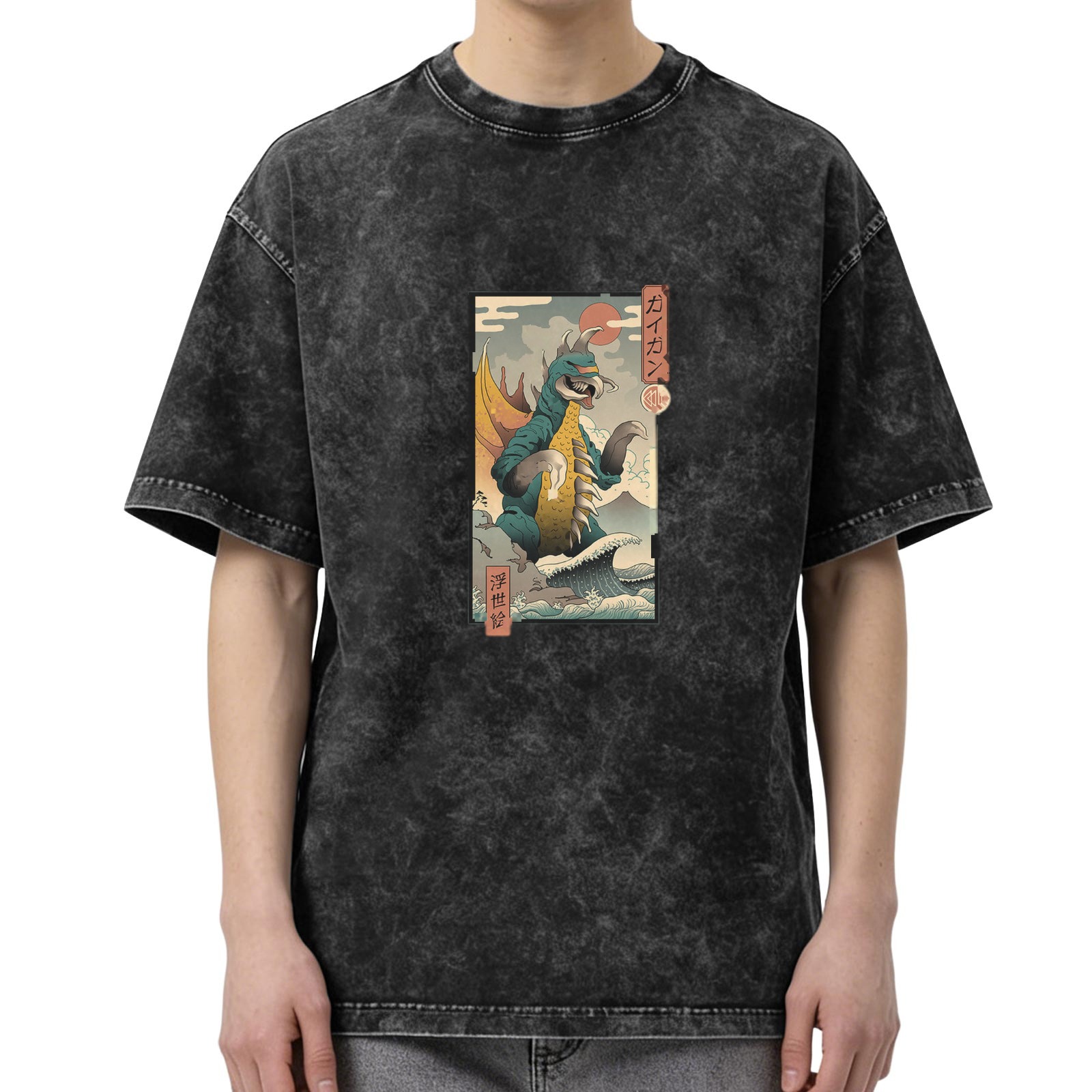 Washed Black T-Shirt With Japanese Ukiyo-e Style Kaiju Monster Print