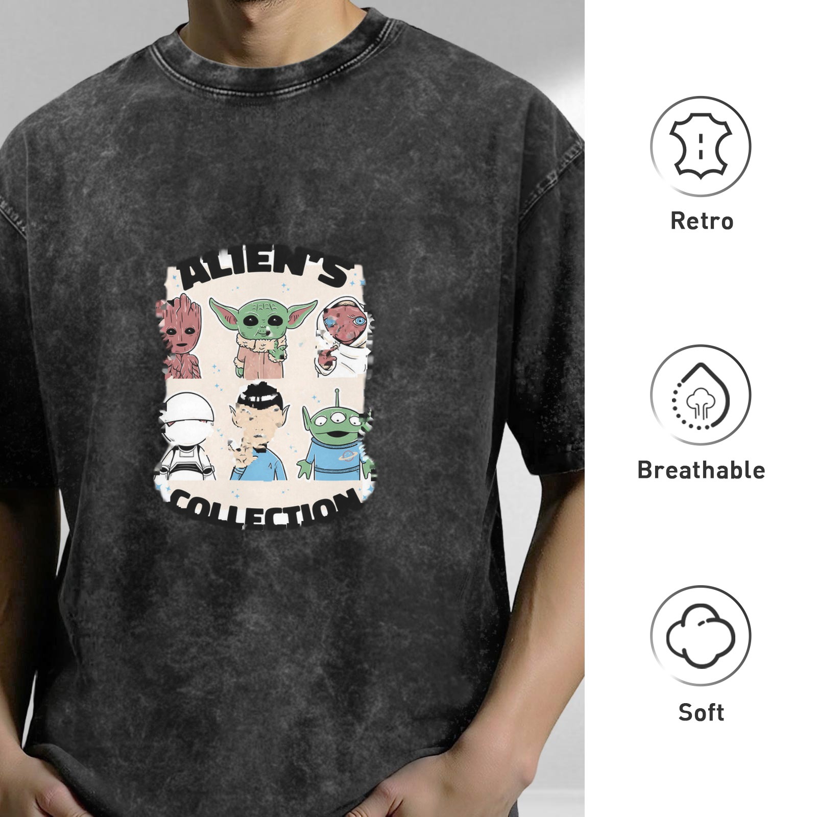 Washed Black T-Shirt with Alien's Collection Graphic Print