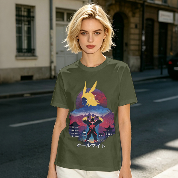Olive t-shirt with All Might anime character graphic print