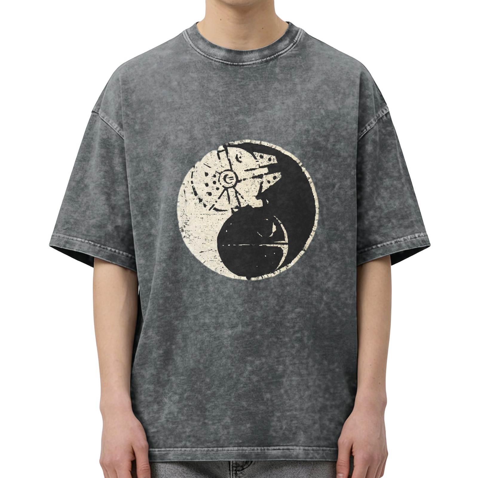 Star Wars Yin Yang Graphic Acid Wash T-Shirt, Oversized Short Sleeve Crew Neck Tee, Casual Streetwear Top