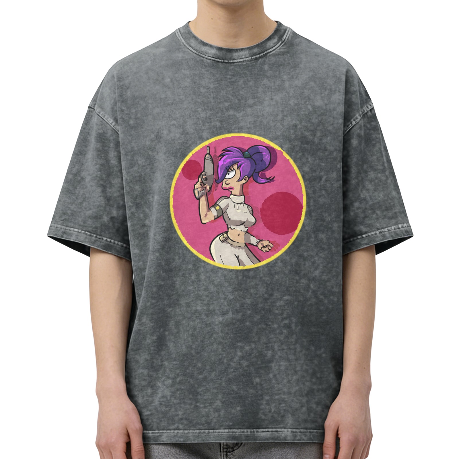 Washed black graphic tee with futuristic space character print