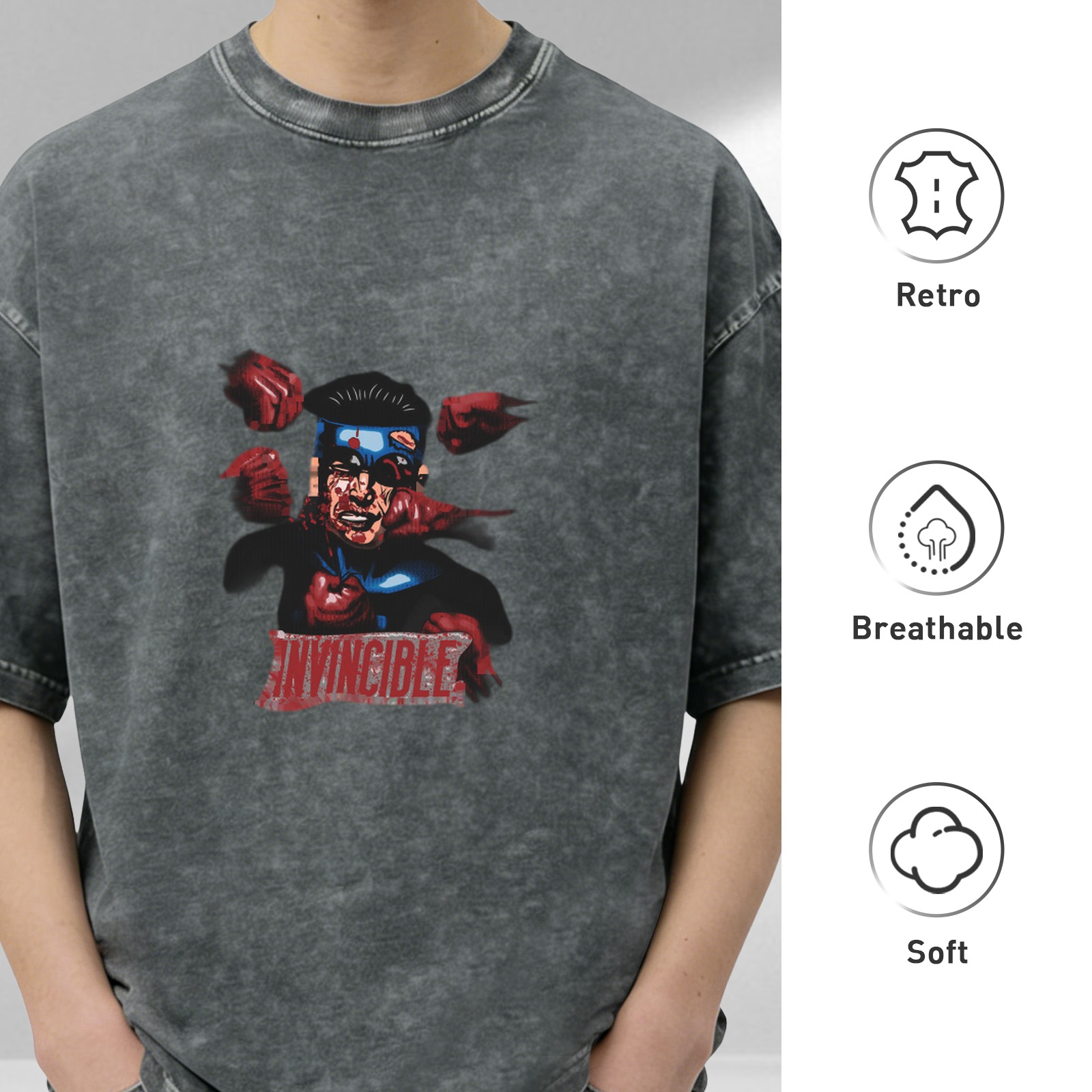 Washed Black T-Shirt With Invincible Superhero Graphic Print