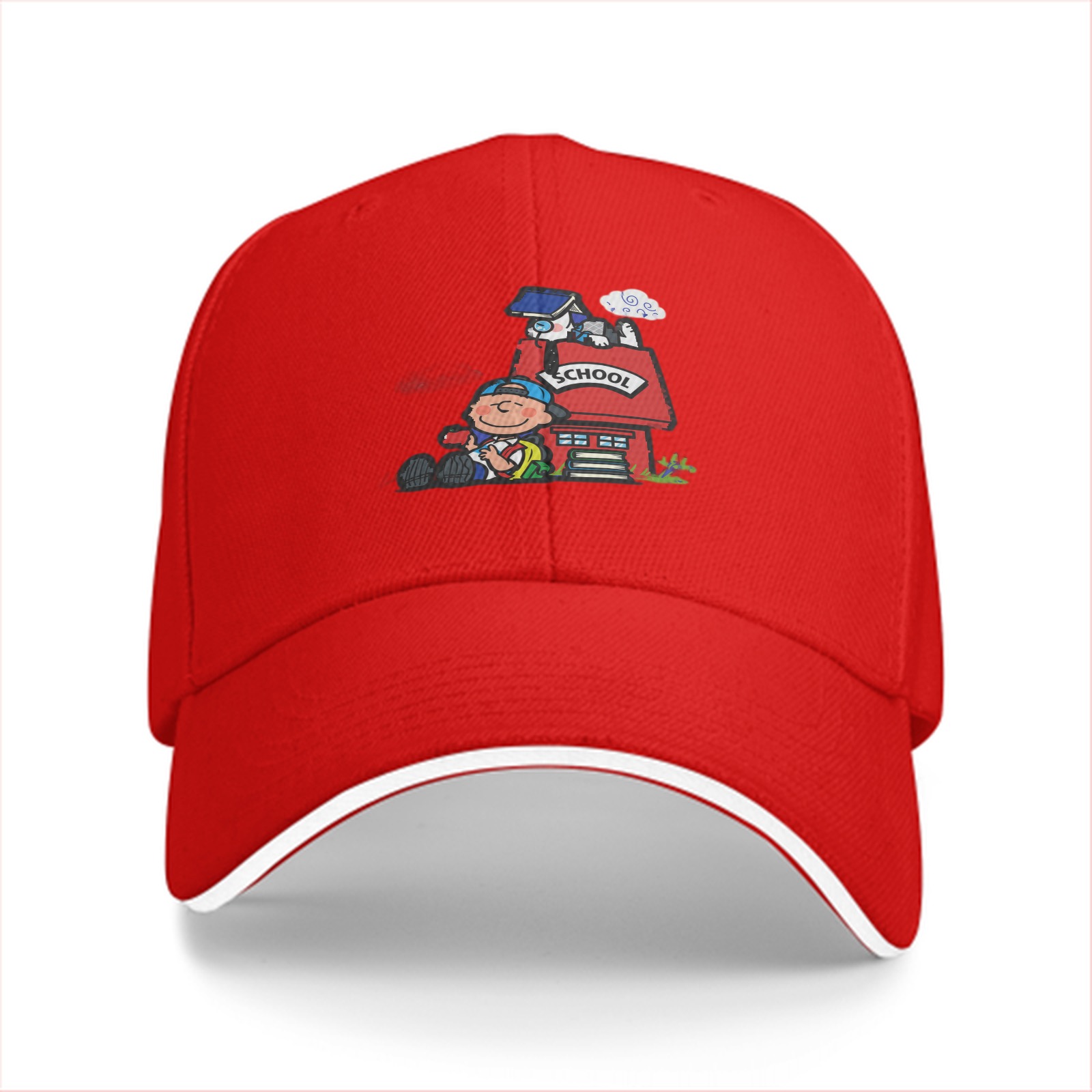Black Baseball Cap With School Themed Cartoon Print