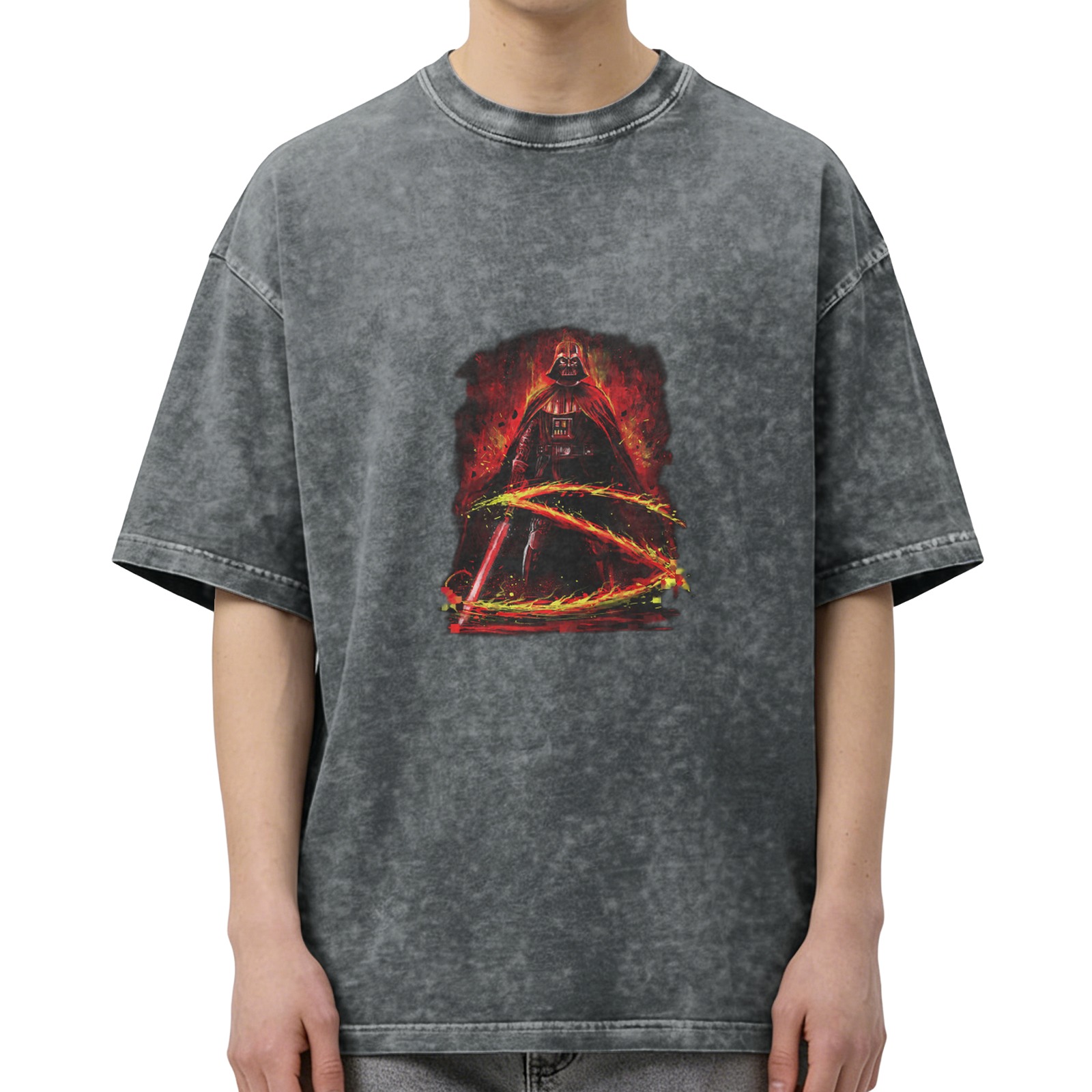 Oversized Dark Wash T-Shirt With Darth Vader Lightsaber Art