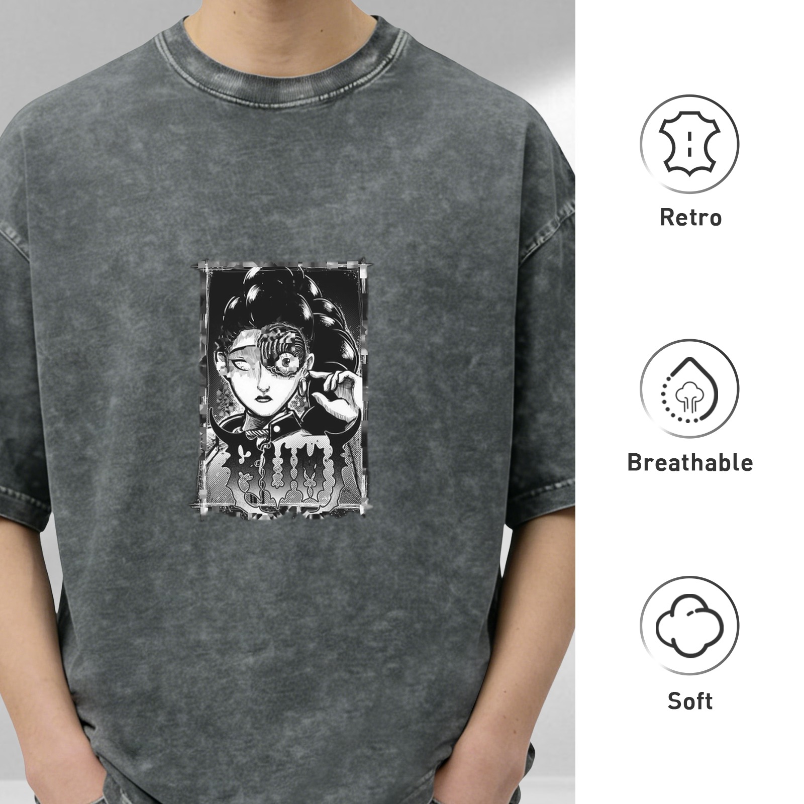 Washed black oversized t-shirt with dark anime-style graphic print