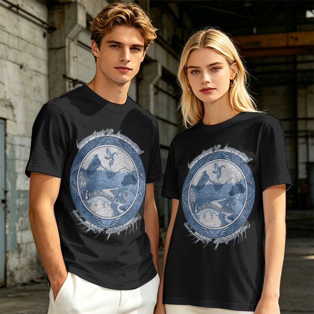 Olive T-Shirt With Fantasy Mountain Landscape Dragon Print