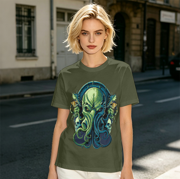 Olive Green T-Shirt With Cthulhu Skull Graphic Print