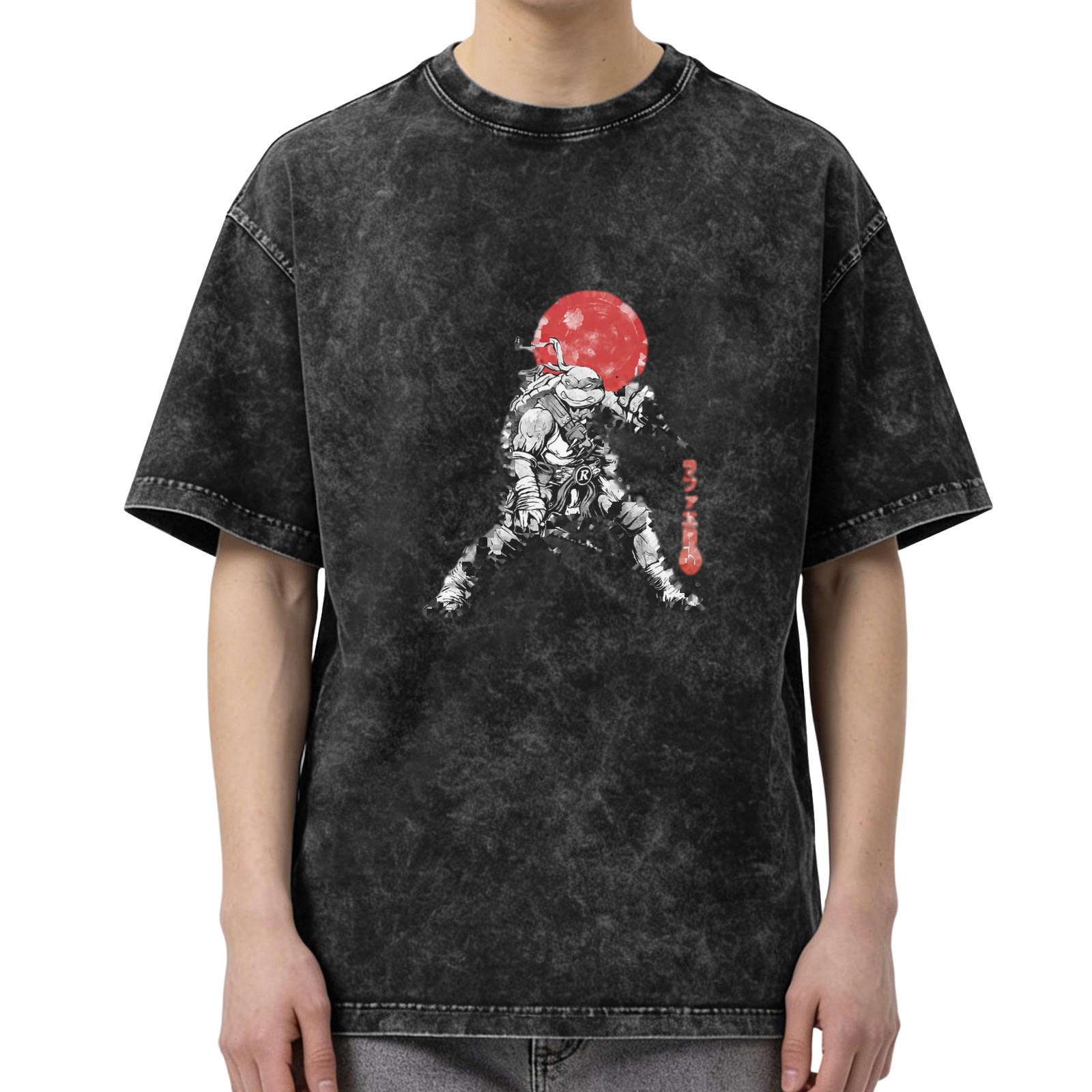 Washed black t-shirt with ninja turtle warrior graphic and red moon design