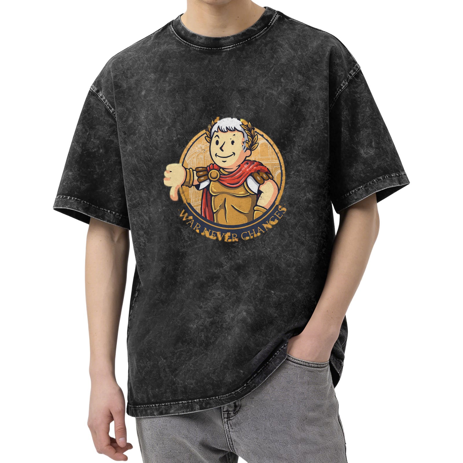 Washed Black T-Shirt with Roman Caesar Vault Boy 'War Never Changes' Graphic