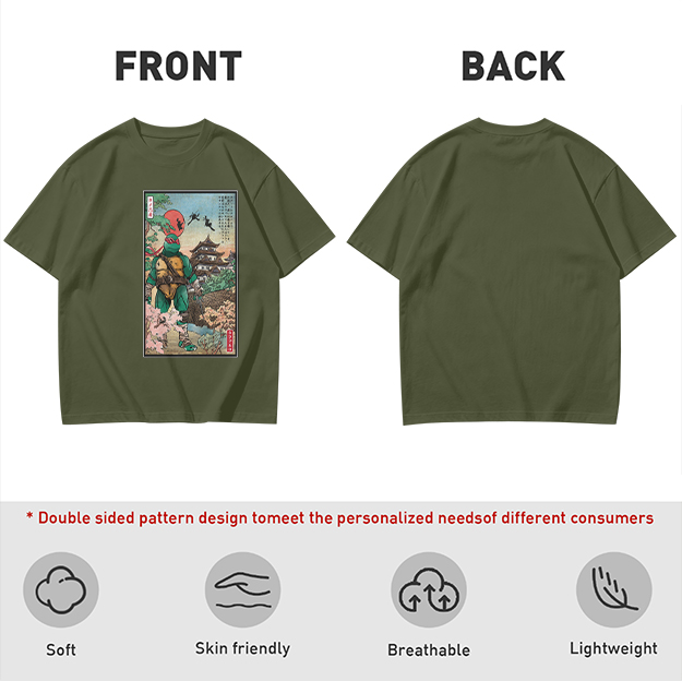 Olive T-Shirt with Ninja Turtle Ukiyo-e Style Art Print
